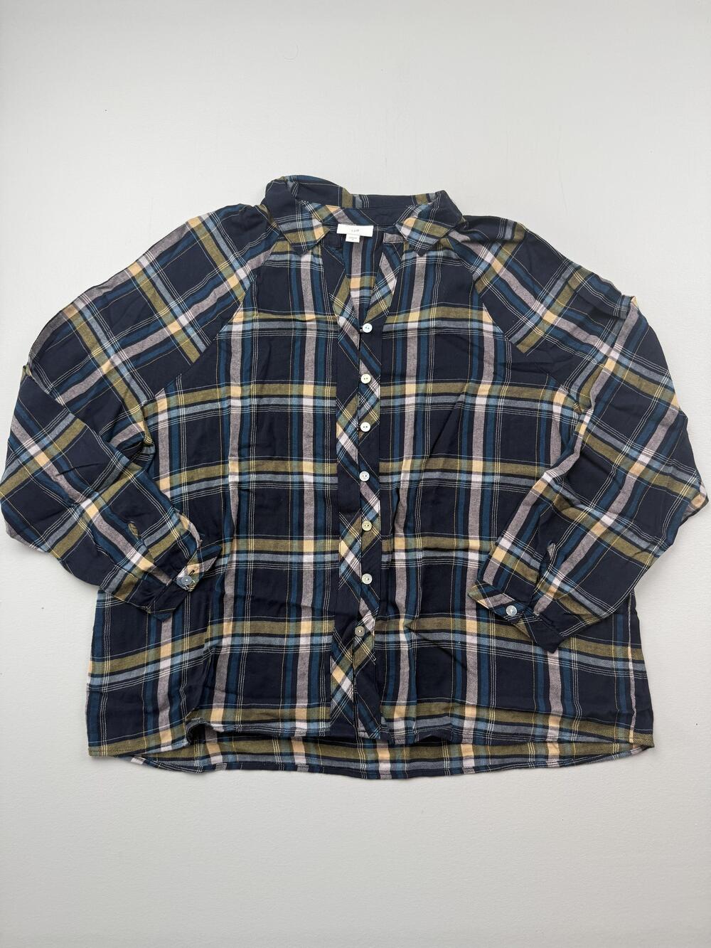J. Jill Button Up Shirt Womens M Blue Plaid Collared Long Sleeve Lightweight Top